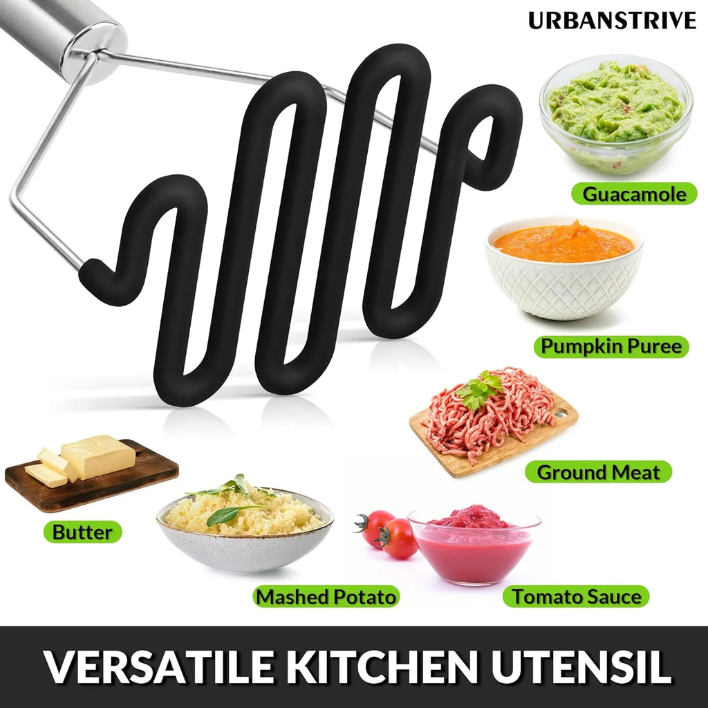 Non-Scratch Silicone Potato Masher Kitchen Tool Potatoes Masher Potato Masher Stainless Steel Wrapped In Well-crafted Silicone Potato Smasher Black – Durable Stainless Steel Construction with Functional, Easy-Use Details