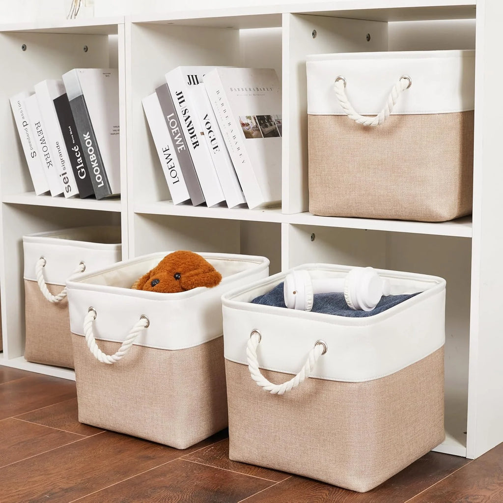 11 x 11 Inch Storage Cubes 6 Pack Large Collapsible Fabric Storage Bin White&Beige – Foldable Space-Saving Design with Functional, Easy-Use Details