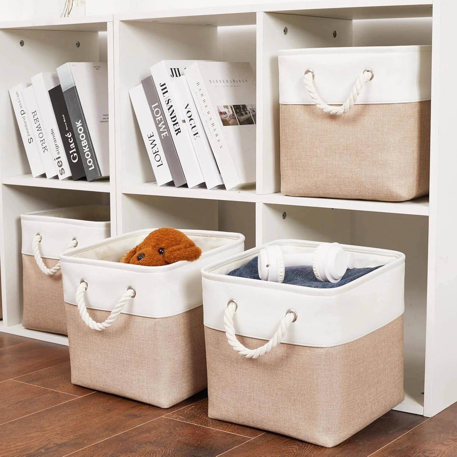 11 x 11 Inch Storage Cubes 6 Pack Large Collapsible Fabric Storage Bin White&Beige – Foldable Space-Saving Design with Functional, Easy-Use Details