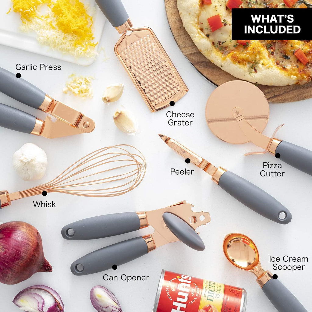 7-Piece Kitchen Gadget Set Copper Coated Stainless Steel Tableware with Soft Touch Handle – Convenient Carry Handles with Functional, Easy-Use Details