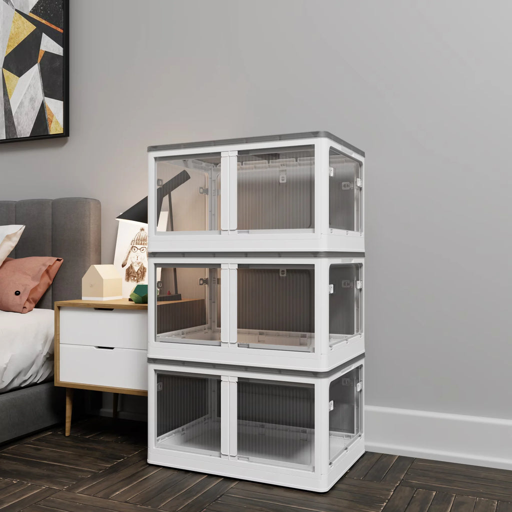 384QT 3-Pack Transparent Stackable Storage Bins with 5 Doors to Open with Wheels Folding Plastic Craft Containers Large Closet Organizers Box for Bedrooms Living Rooms Study Kids' Toys White – Stackable Organization with Functional, Easy-Use Details