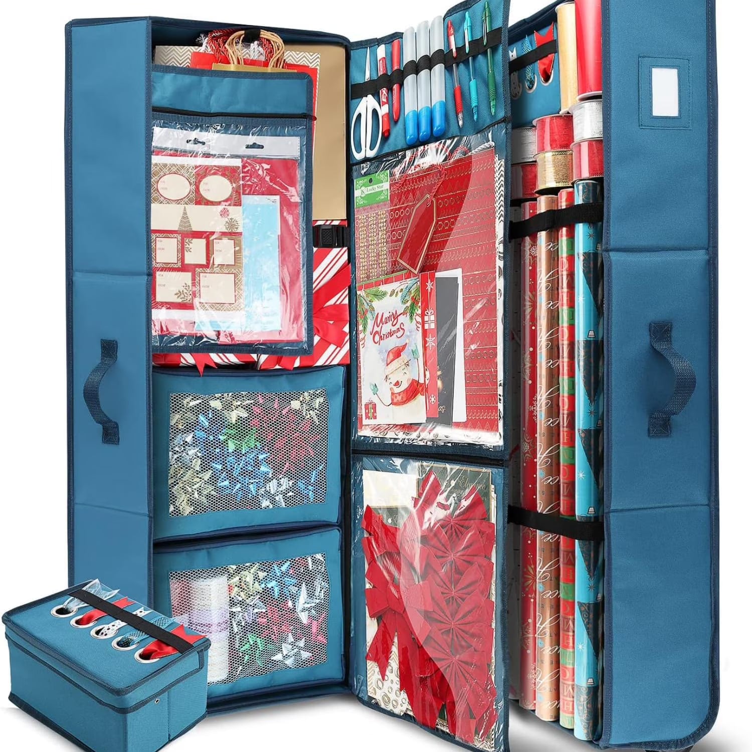 Wrapping Paper Storage Container with Ribbon Dispenser and Interior Pockets - Large Christmas Storage Containers with Wheels Fits 30 Rolls of 40" Length Blue – Multiroom Organization Format with Functional, Easy-Use Details