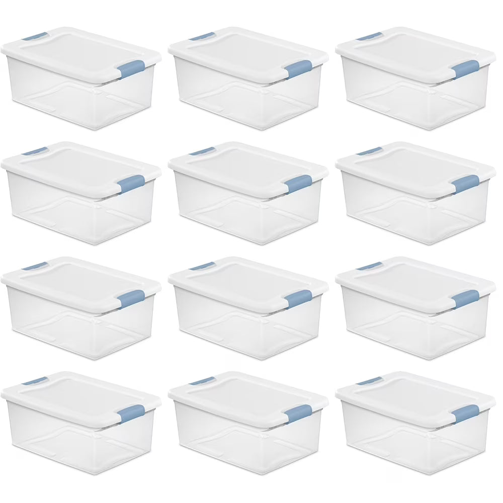 15 Qt Latching Storage Box Stackable Bin with Latch Lid Plastic Container to Organize Closet Shelf Clear with White Lid 12-Pack – Everyday Household Format with Functional, Easy-Use Details