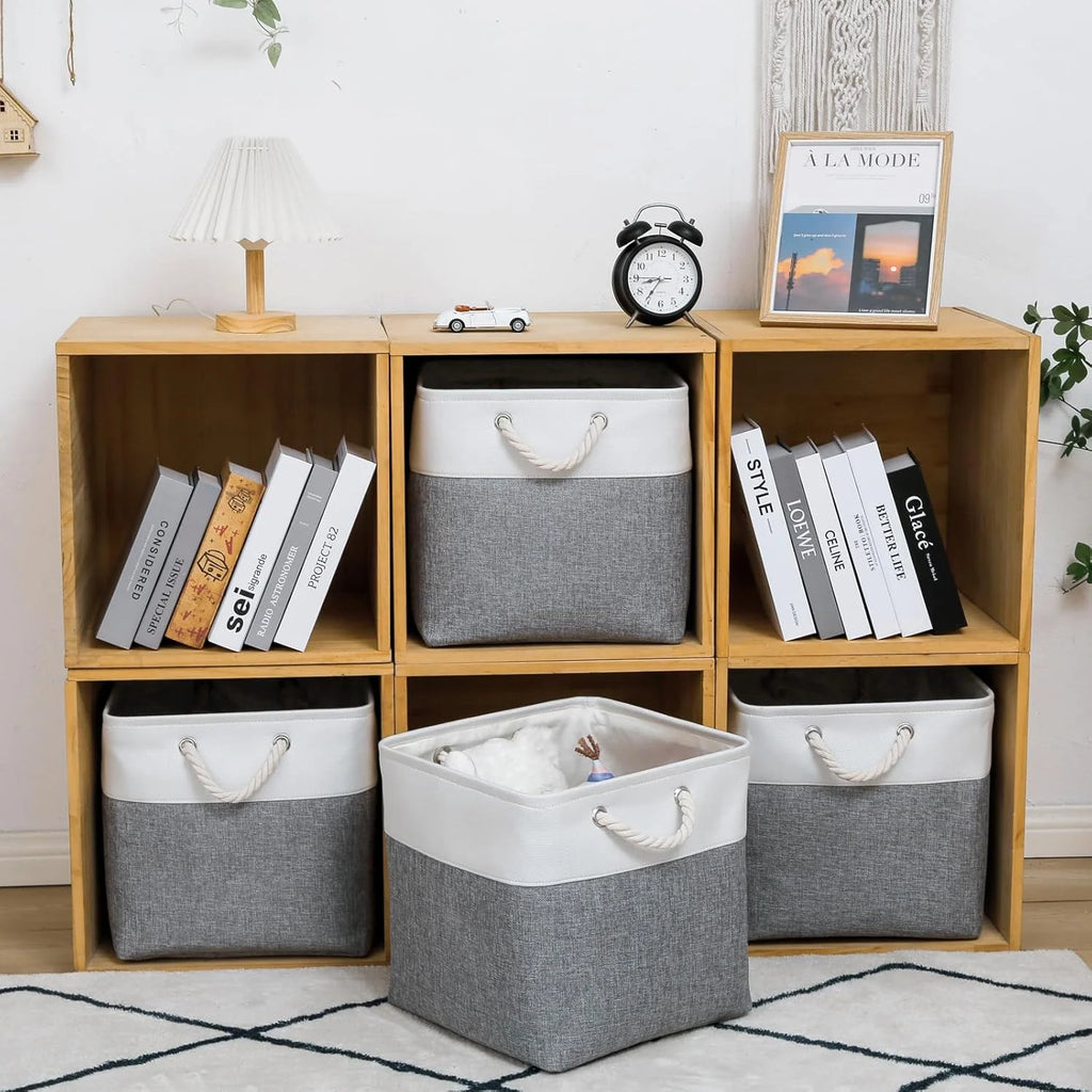13 x 13 Inch Cube Storage Bins 6 Pack Extra Large Collapsible Fabric Storage Bin with Ropes Foldable Storage Cubes for Home (White & Beige-13"x13"x13") – Foldable Space-Saving Design with Functional, Easy-Use Details