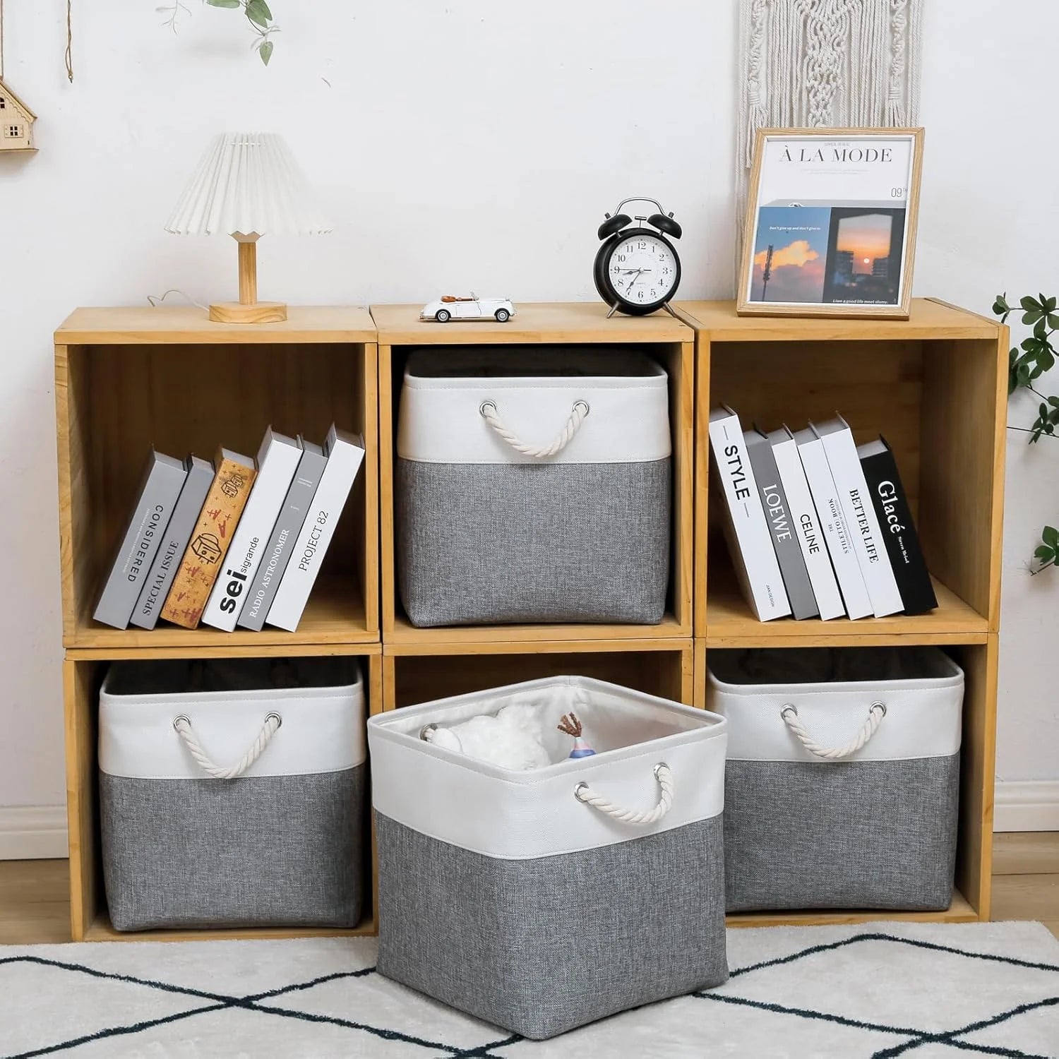 13 x 13 Inch Cube Storage Bins 6 Pack Extra Large Collapsible Fabric Storage Bin with Ropes Foldable Storage Cubes for Home (White & Beige-13"x13"x13") – Foldable Space-Saving Design with Functional, Easy-Use Details