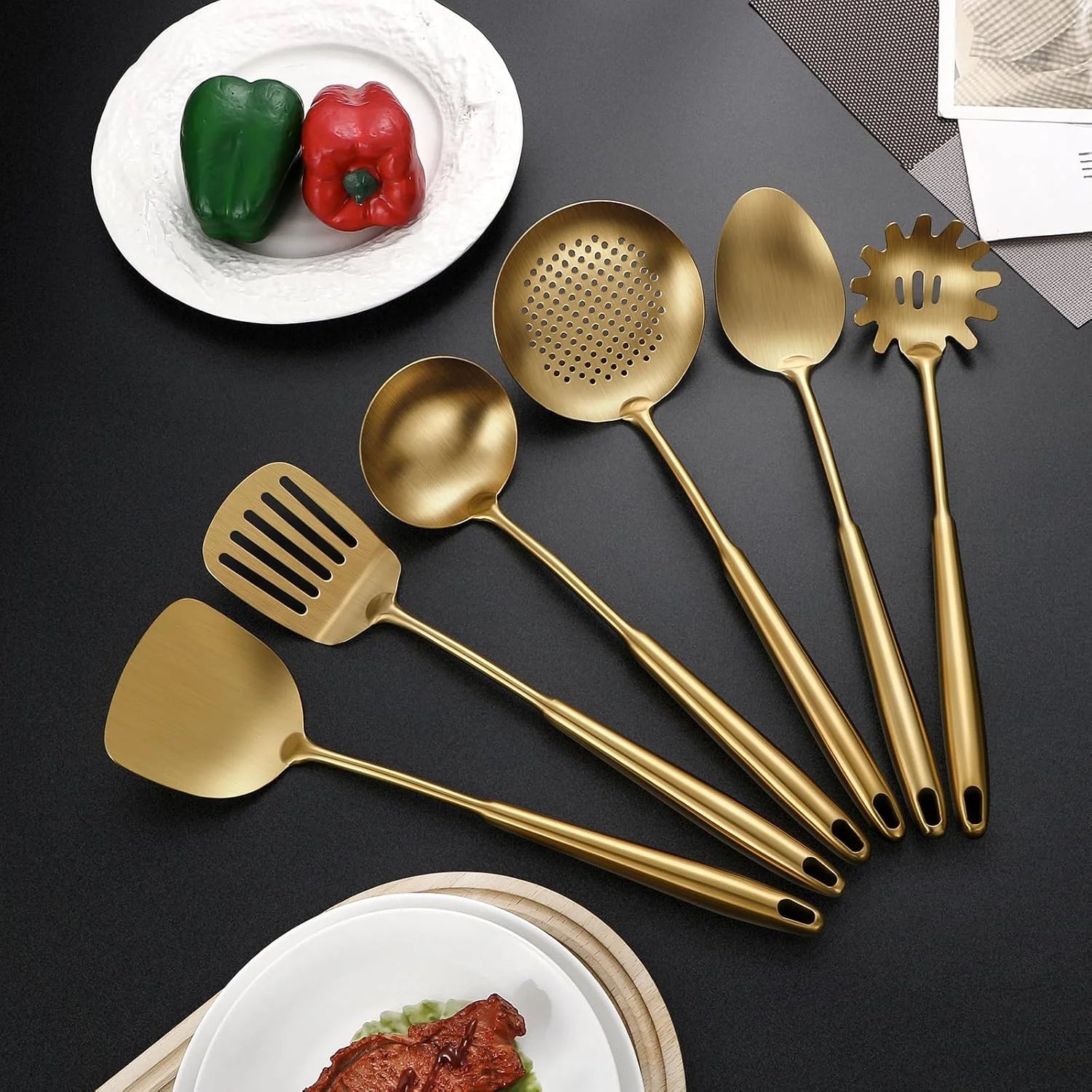 304 Stainless Steel Cooking Utensils,6 Pcs Kitchen Cooking Utensils Set with Spatula Solid Spoon Ladle Skimmer Spaghetti Spoon,Dishwasher Suitable(Gold) – Durable Stainless Steel Construction with Functional, Easy-Use Details