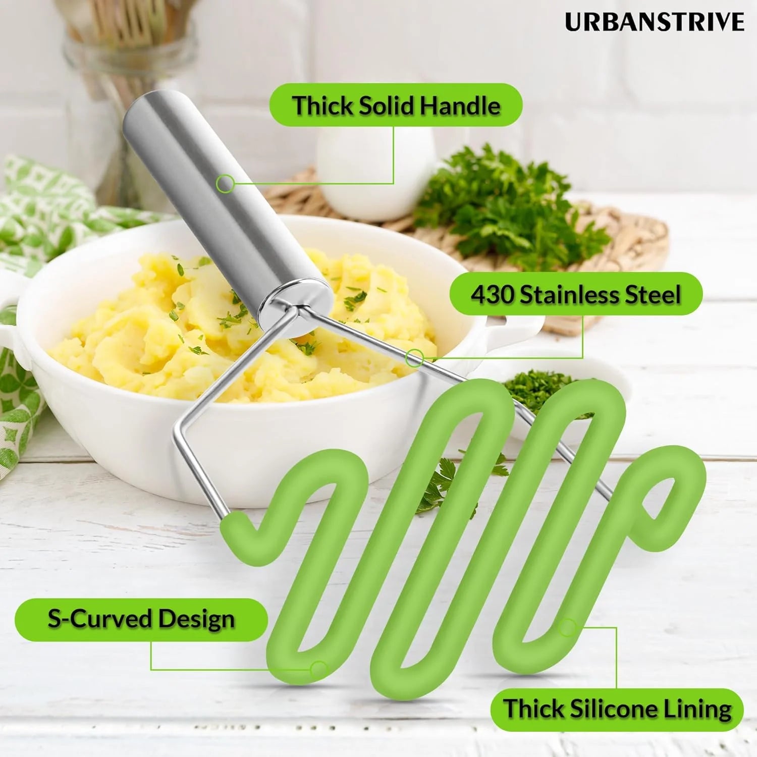 Non-Scratch Silicone Potato Masher Kitchen Tool Potatoes Masher Potato Masher Stainless Steel Wrapped In Well-crafted Silicone Potato Smasher – Durable Stainless Steel Construction with Functional, Easy-Use Details