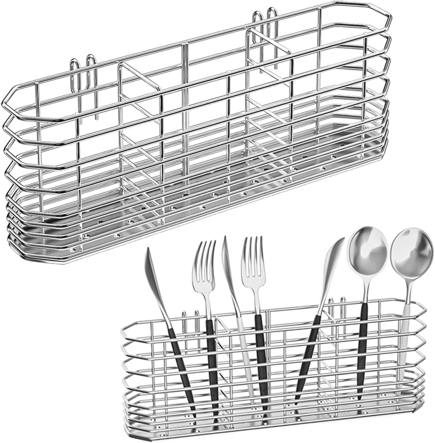 304 Stainless Steel Utensil Holder Dish Drying Rack kitchen Utensil Organizer Knife and Fork Drainage Rack Kitchen Drainage Basket Accessories With Hooks Rust-resistant Color-Silver – Durable Stainless Steel Construction with Functional, Easy-Use Details