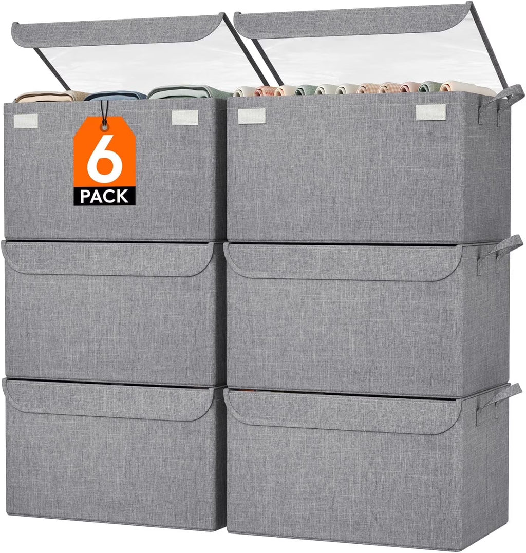 Fabric Storage Boxes 6 Pcs Stackable Storage Bins with Clear Lids Foldable Oxford Cloth Cube Closet Organizer Baskets Clothes Containers for Towels Blankets Books Light Grey-Large – Foldable Space-Saving Design with Functional, Easy-Use Details