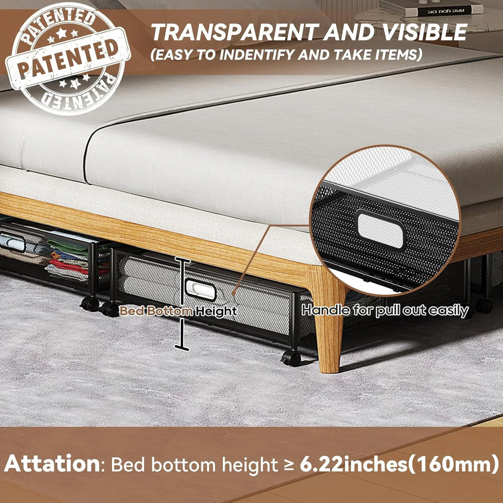 Under Bed Storage Containers with Wheels - Shoe Storage Organizer Drawer Tool-free Assembly Metal Underbed Storage for Bedroom Clothes Shoes Blankets - 2Pack – Multiroom Organization Format with Functional, Easy-Use Details