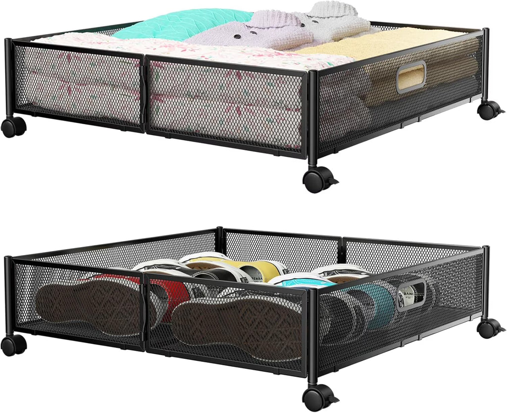 Under Bed Storage Containers with Wheels - Shoe Storage Organizer Drawer Tool-free Assembly Metal Underbed Storage for Bedroom Clothes Shoes Blankets - 2Pack – Multiroom Organization Format with Functional, Easy-Use Details