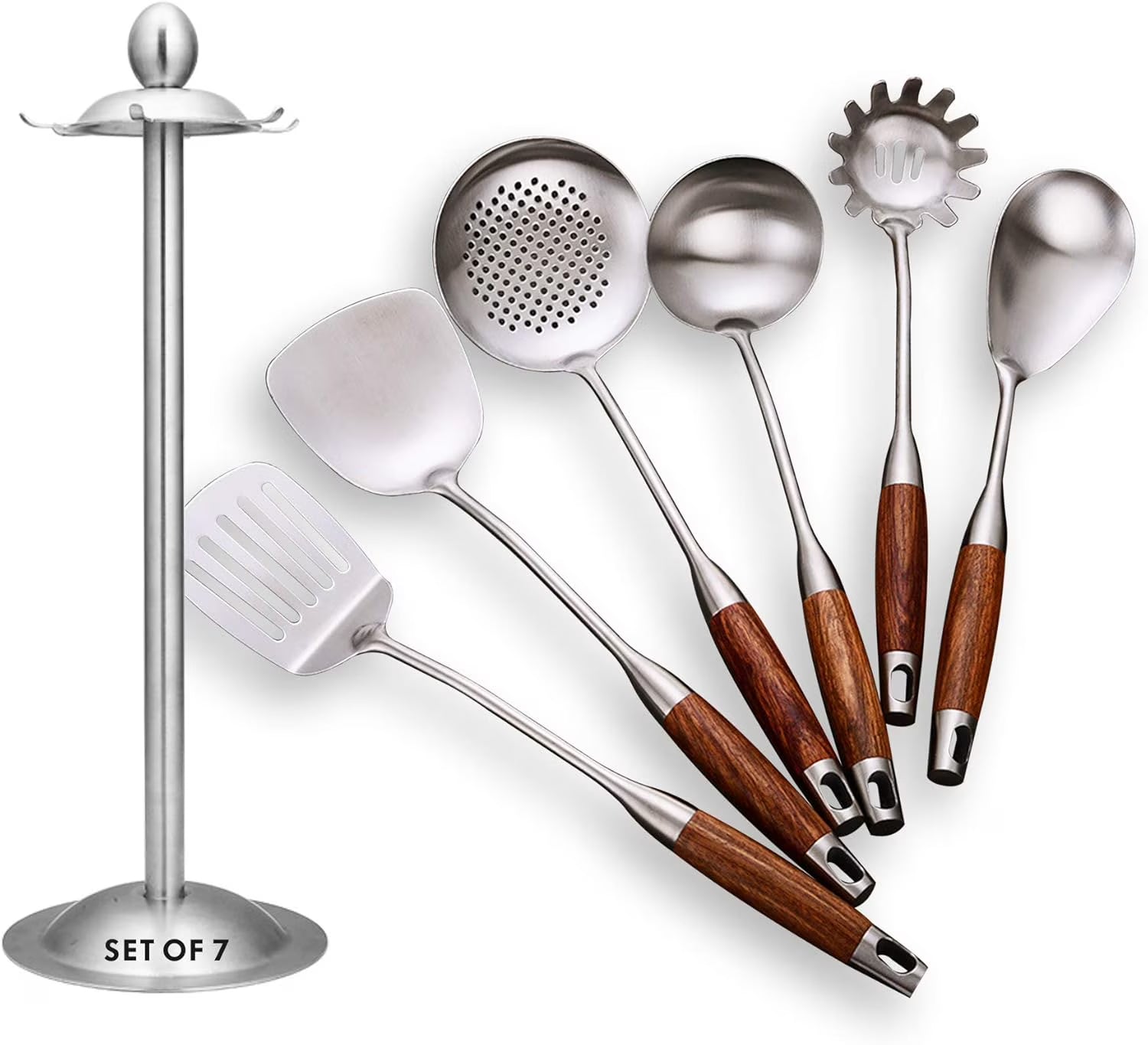 Cooking Utensils Set,7pcs 304 Stainless Steel Kitchen Utensils Set with Holder,Heat Resistant Wooden Handle Kitchen Tools – Convenient Carry Handles with Functional, Easy-Use Details