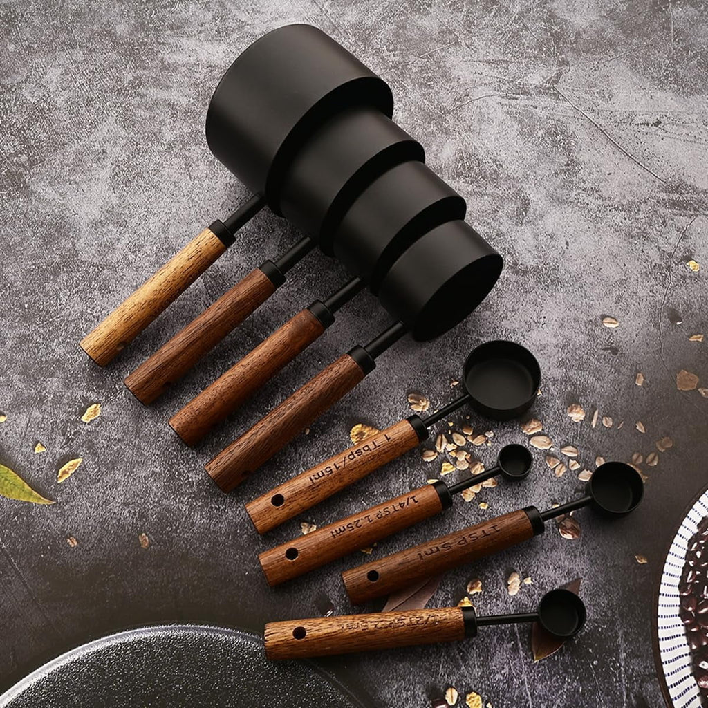 8 pieces Black Measuring Cups Set and Measuring Spoons Set with Scale Wooden Handle Stainless Steel Dry & Liquid Measuring Cup for Cooking Baking – Convenient Carry Handles with Functional, Easy-Use Details