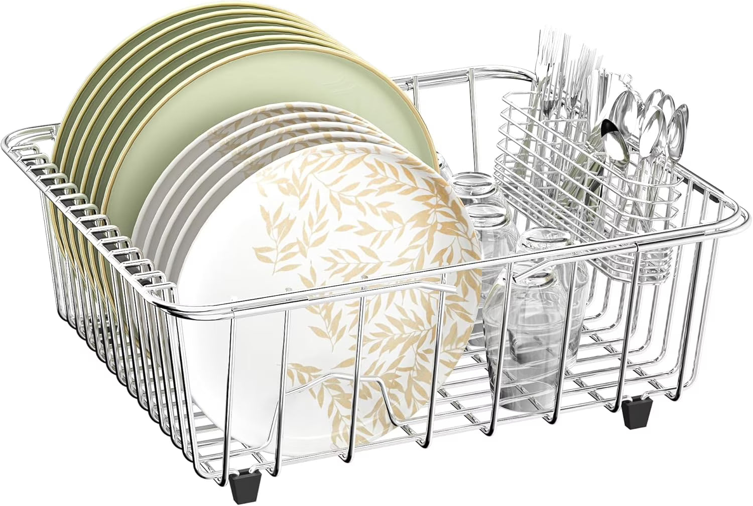 Dish Drying Rack in-Sink 304 Stainless Steel Dish Drainer with Stainless Steel Silverware Holder Over Inside Sink-Adjustable – Durable Stainless Steel Construction with Functional, Easy-Use Details