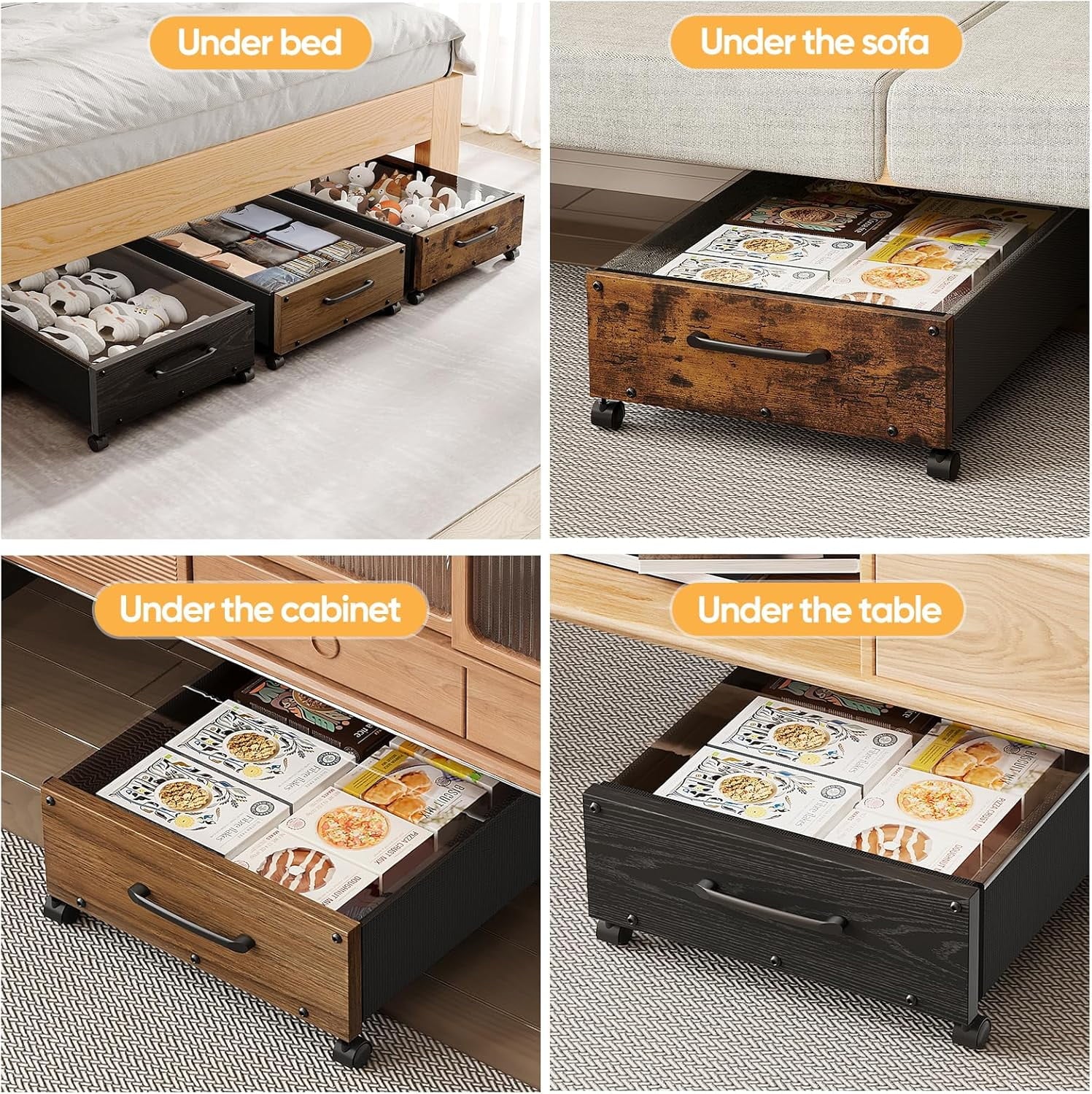 Wooden Under Bed Storage with Wheels Rolling Under the Bed Storage Bins with Removable Lid Metal Under Bed Drawers for Clothes and Shoes in Bedroom or Living Room(Black Wood-2pack) – Easy-Roll Mobility with Functional, Easy-Use Details