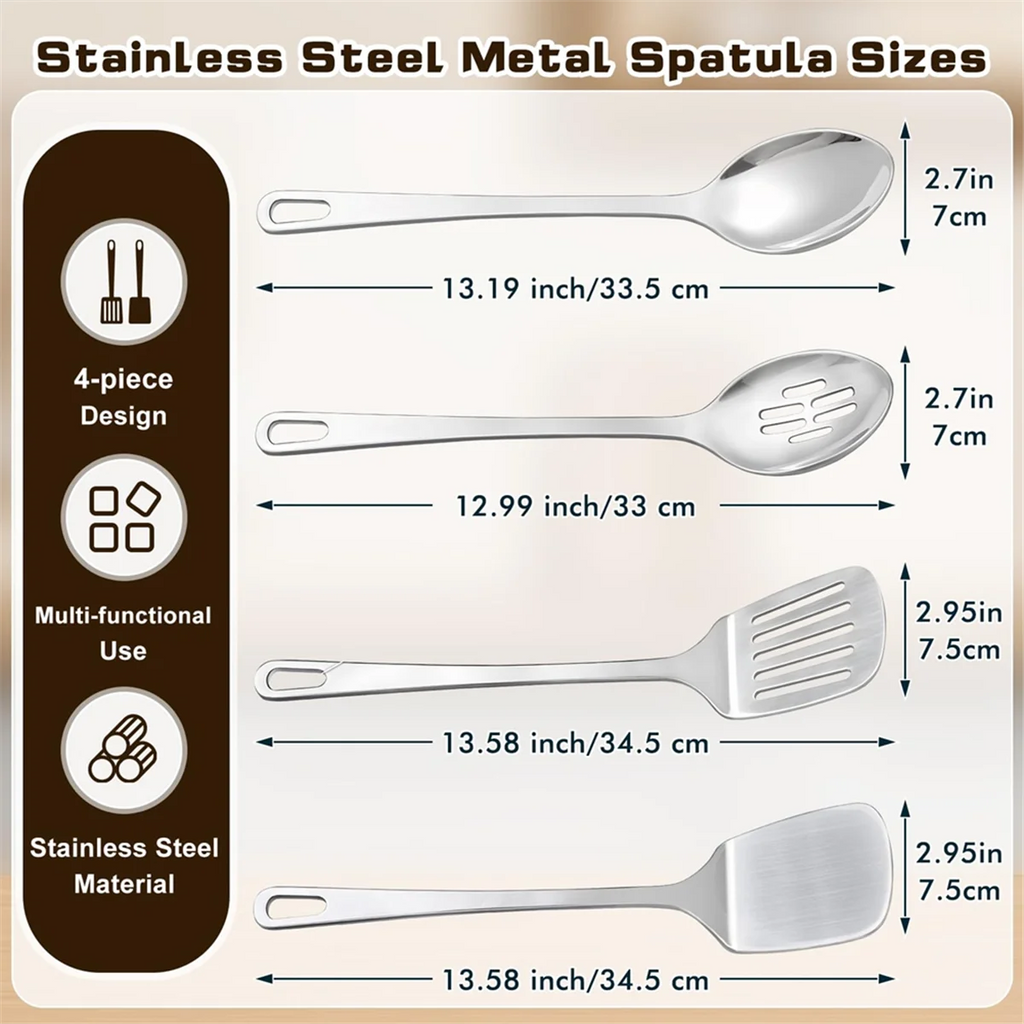 4 Pcs Cooking Utensils Set Stainless Steel Kitchen Utensils,Kitchen Tools Include Wok Spatula Serving Spoon,1 set * spatula set,Silver – Durable Stainless Steel Construction with Functional, Easy-Use Details