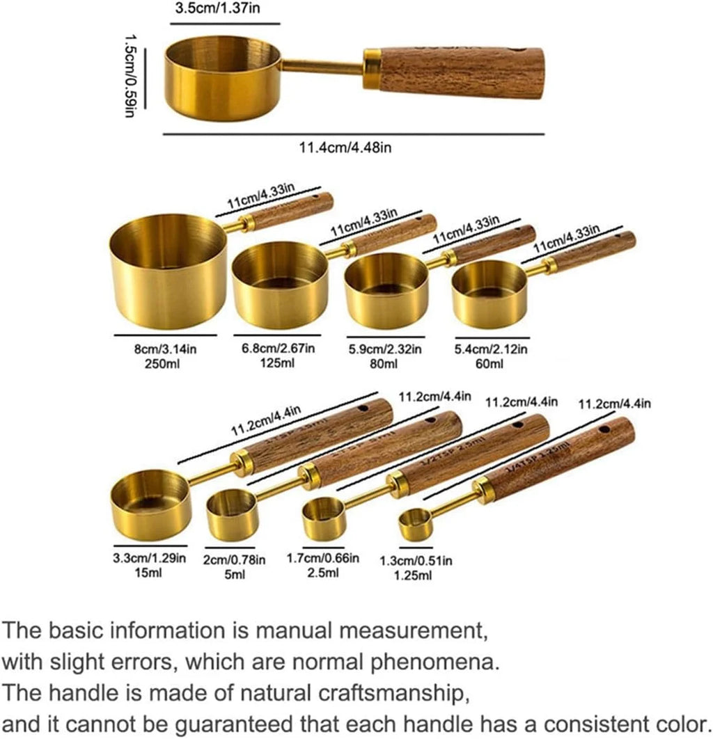 8 pieces Golden Measuring Cups Set and Measuring Spoons Set with Scale Wooden Handle Stainless Steel Dry & Liquid Measuring Cup for Cooking Baking – Convenient Carry Handles with Functional, Easy-Use Details