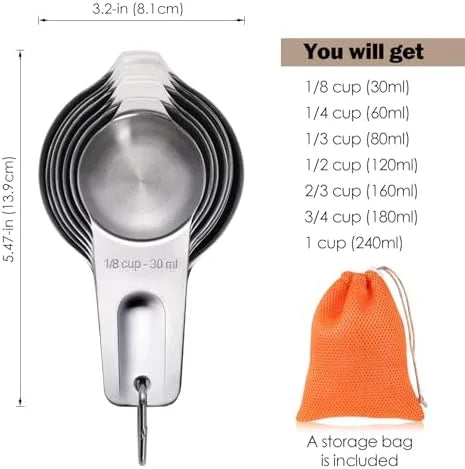 Measuring Cups 7PCS Stainless Steel Measuring Cups with a Storage Bag for Cooking & Baking Dishwasher Suitable – Durable Stainless Steel Construction with Functional, Easy-Use Details