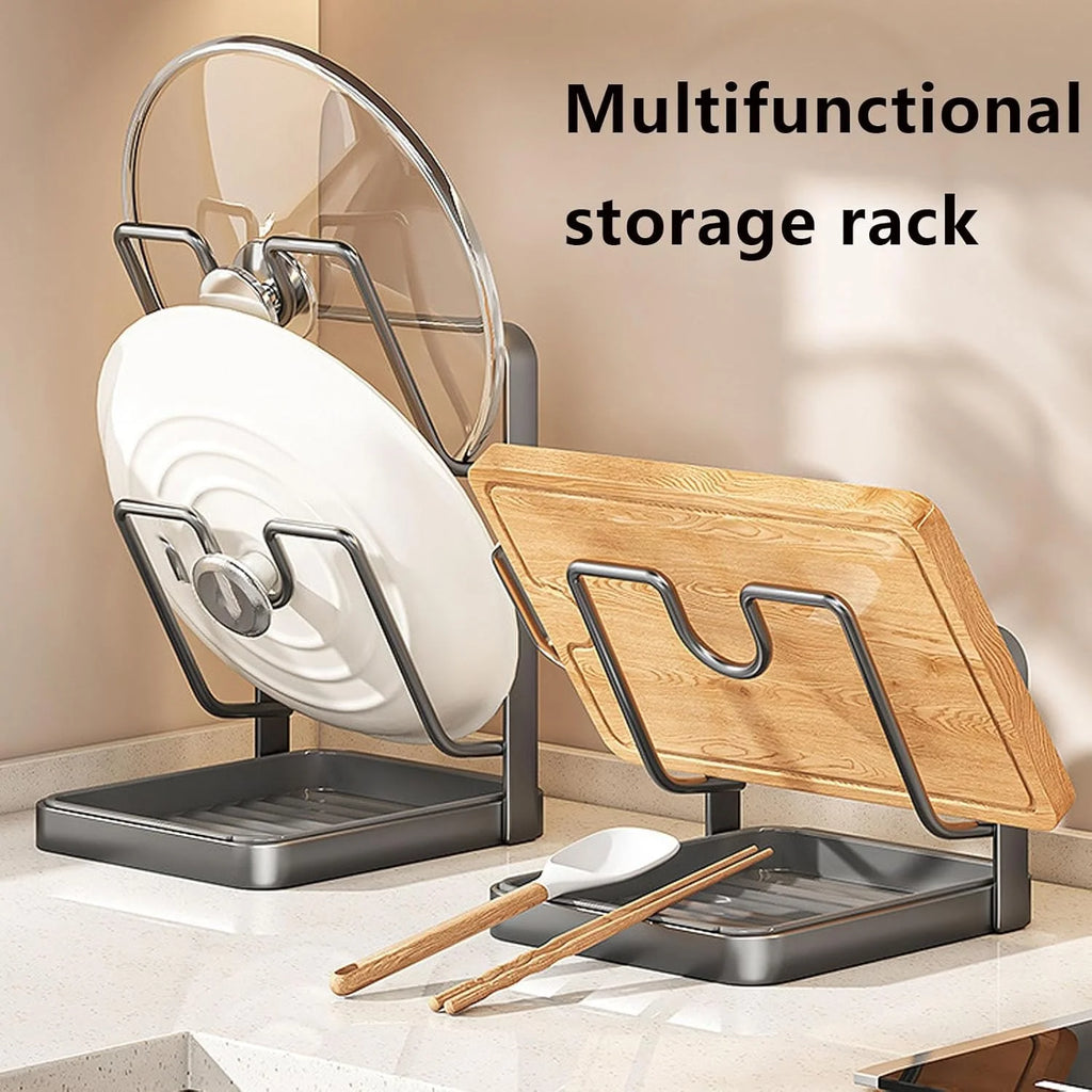 Kitchen Pot Lid Storage Rack 304 Stainless Steel Pot Lid Holder While Cooking Multifunctional Kitchen Pot Cover Organizer for Countertop With Removable Drip Tray – Durable Stainless Steel Construction with Functional, Easy-Use Details