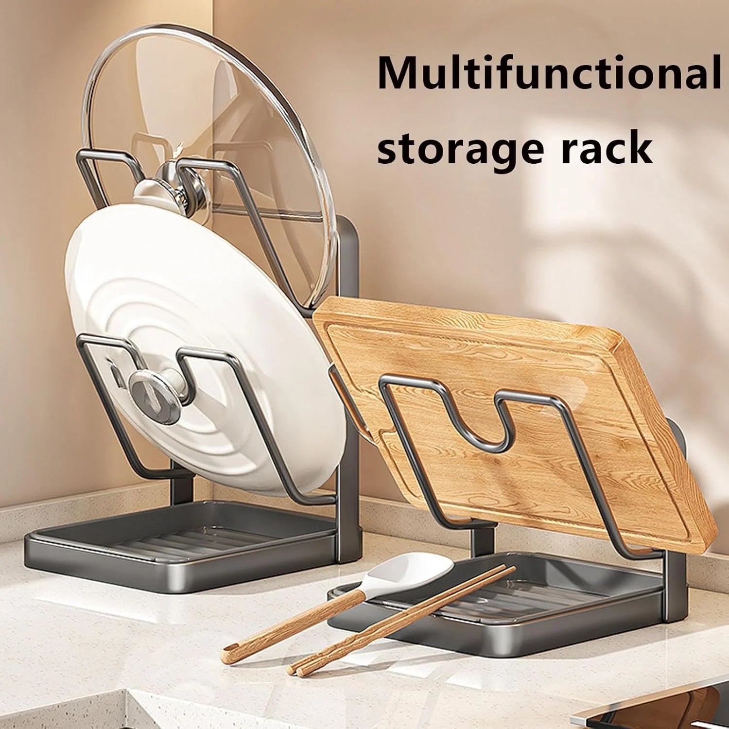 Kitchen Pot Lid Storage Rack 304 Stainless Steel Pot Lid Holder While Cooking Multifunctional Kitchen Pot Cover Organizer for Countertop With Removable Drip Tray – Durable Stainless Steel Construction with Functional, Easy-Use Details