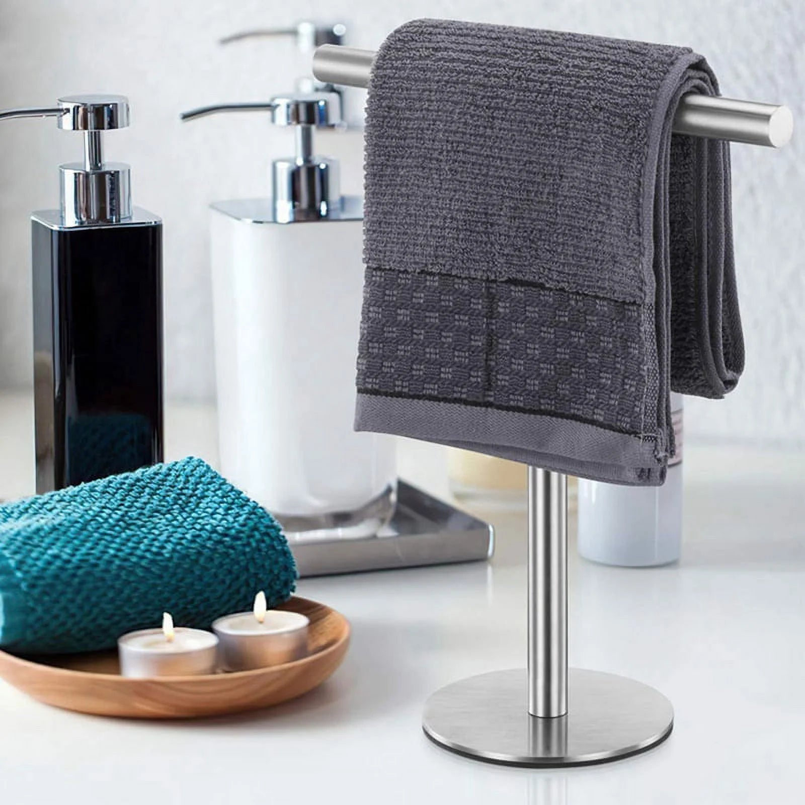 Brushed Standing Towel Rack Heavy Duty Base Stainless Steel T-Shaped Hand Towel Stand for Bathroom Kitchen. – Durable Stainless Steel Construction with Functional, Easy-Use Details