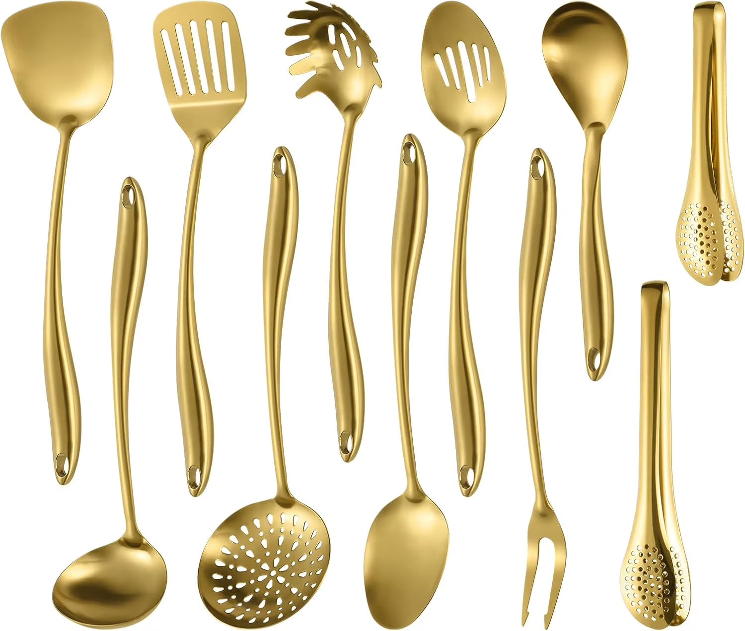 304 Stainless Steel Matte Kitchen Utensils Set 11 Pcs Long Metal Cooking Utensils Set Gold Cooking Utensils Set Dishwasher Suitable – Durable Stainless Steel Construction with Functional, Easy-Use Details