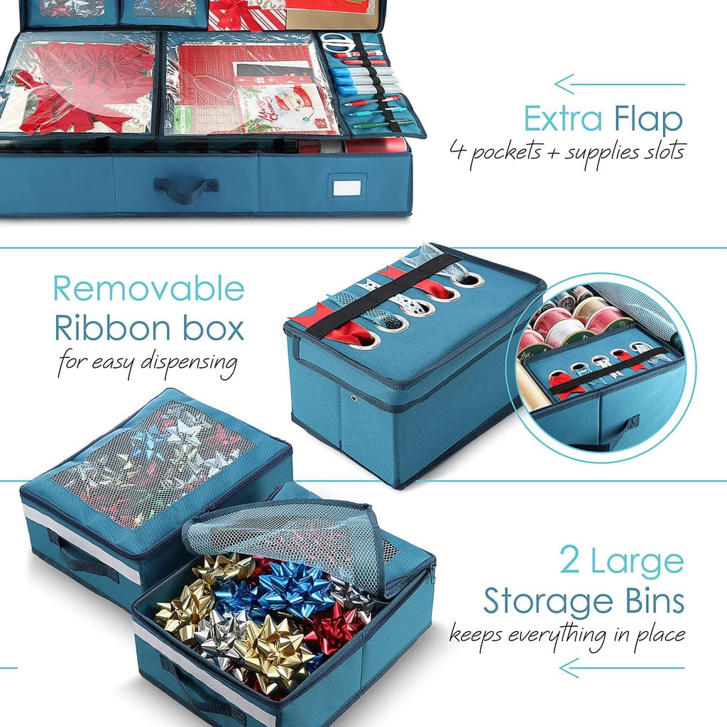 Wrapping Paper Storage Container with Ribbon Dispenser and Interior Pockets - Large Christmas Storage Containers with Wheels Fits 30 Rolls of 40" Length Blue – Multiroom Organization Format with Functional, Easy-Use Details
