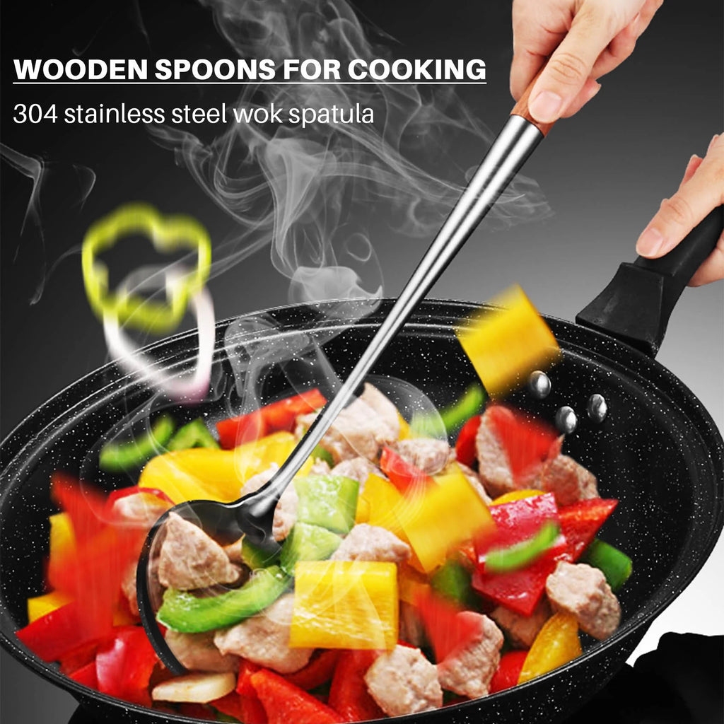 Long Handle Stainless Steel Wok Kitchen Slotted Turner Rice Spoon Ladle Cooking Tools Utensil Set – Convenient Carry Handles with Functional, Easy-Use Details
