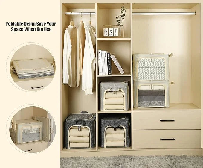 3 Openings Clothes Storage Bins with Metal Frame Foldable Storage Bin for Clothes Clothing Storage Bins with Lid Linen Storage Box With Clear Window＆ Zippers＆ Durable Handles.(3 Pcs,Beige,40L) – Everyday Household Format with Functional, Easy-Use Details