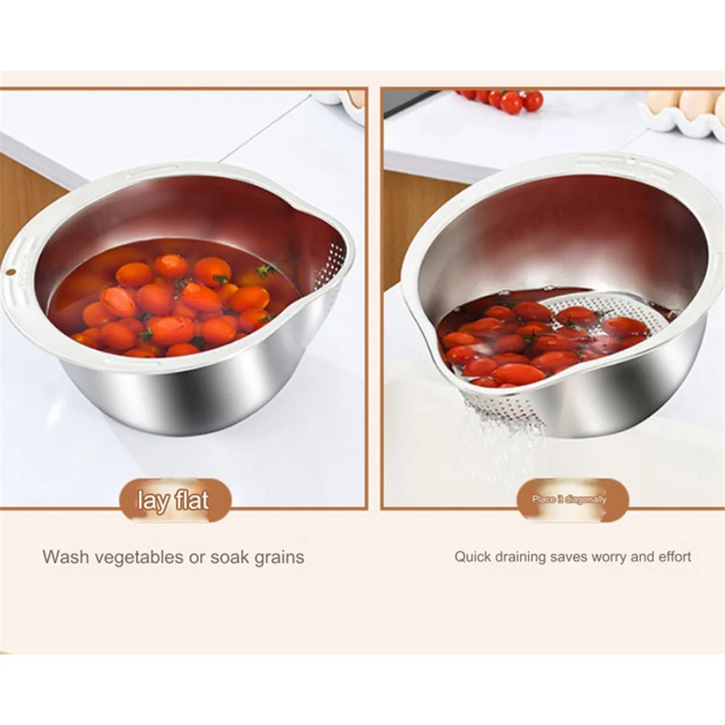 Rice Washer Strainer Bowl Stainless Steel Washing Colander Fruit and Vegetable Kitchen Tool A – Durable Stainless Steel Construction with Functional, Easy-Use Details