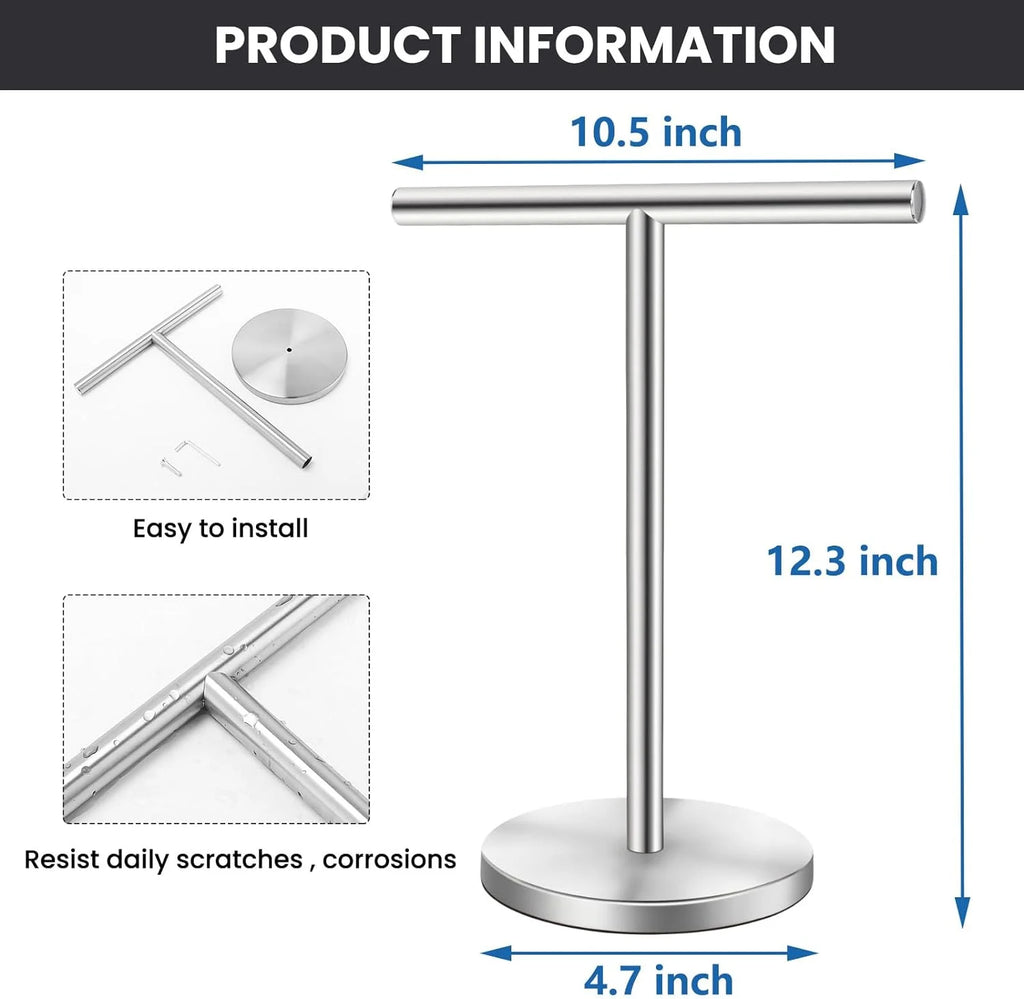 T-Shape Bath Hand Towel Holder Stand Stainless Steel Free Standing Hand Towel Rack with Heavy Base for Bathroom Kitchen & Countertop Matte Black – Durable Stainless Steel Construction with Functional, Easy-Use Details