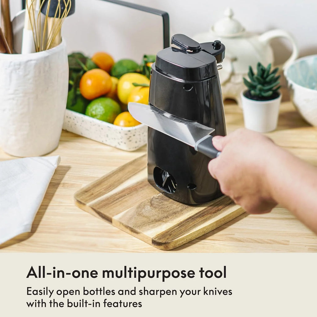 Electric Can Opener and Knife Sharpener Multifunctional Jar and Bottle Opener with Removable Cutting Lever and Cord Storage Stainless Steel Blade – Durable Stainless Steel Construction with Functional, Easy-Use Details
