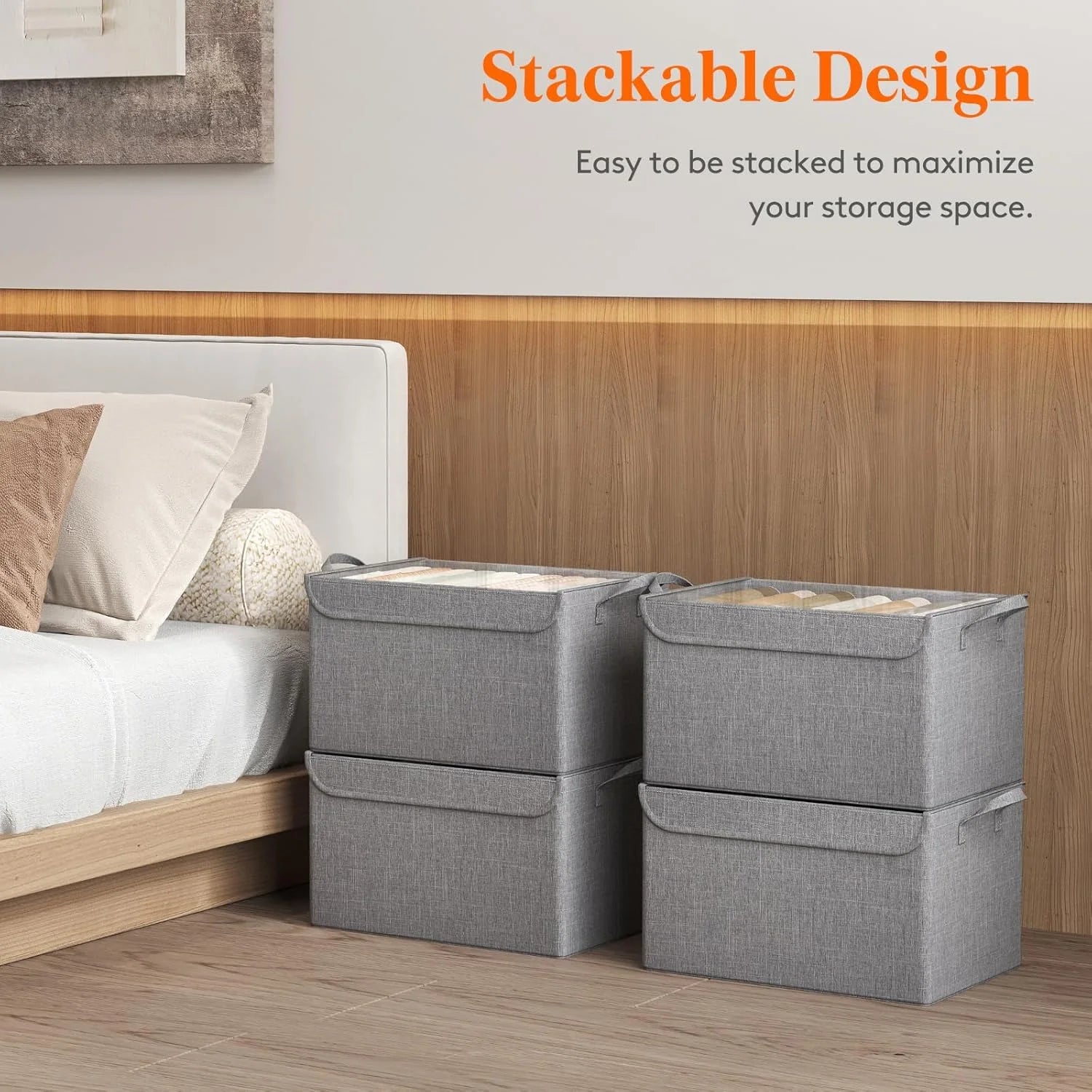 Fabric Storage Boxes 6 Pcs Stackable Storage Bins with Clear Lids Foldable Oxford Cloth Cube Closet Organizer Baskets Clothes Containers for Towels Blankets Books Light Grey-Large – Foldable Space-Saving Design with Functional, Easy-Use Details