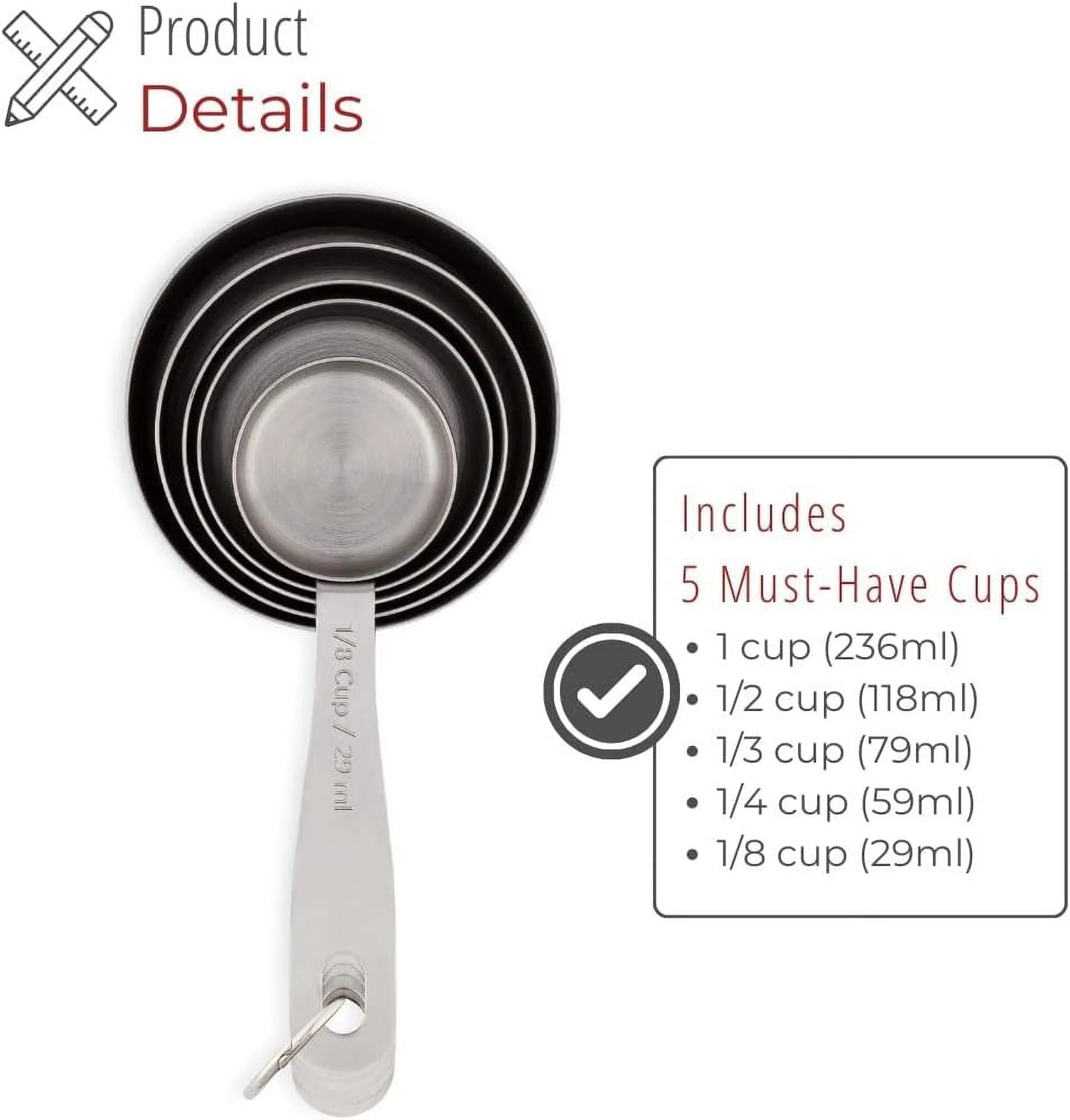 Stainless Steel Measuring Cups Heavy-Duty 5-Piece Set with Storage Ring – Kitchen Measuring Tools – Durable Stainless Steel Construction with Functional, Easy-Use Details