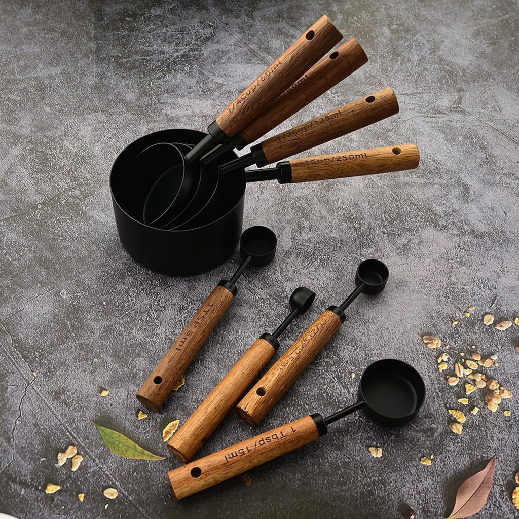 8 pieces Golden Measuring Cups Set and Measuring Spoons Set with Scale Wooden Handle Stainless Steel Dry & Liquid Measuring Cup for Cooking Baking – Convenient Carry Handles with Functional, Easy-Use Details