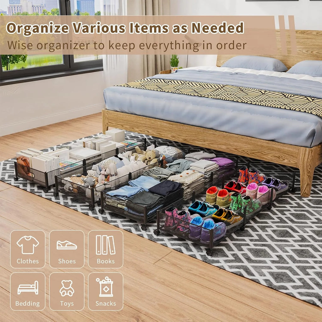 47.2'' Long Under Bed Storage on Wheels 57.6L Large Capacity Rolling Under the Bed Storage Containers Tool-Free Assembly Foldable Underbed Shoes Clothes Toy Drawers – Multiroom Organization Format with Functional, Easy-Use Details