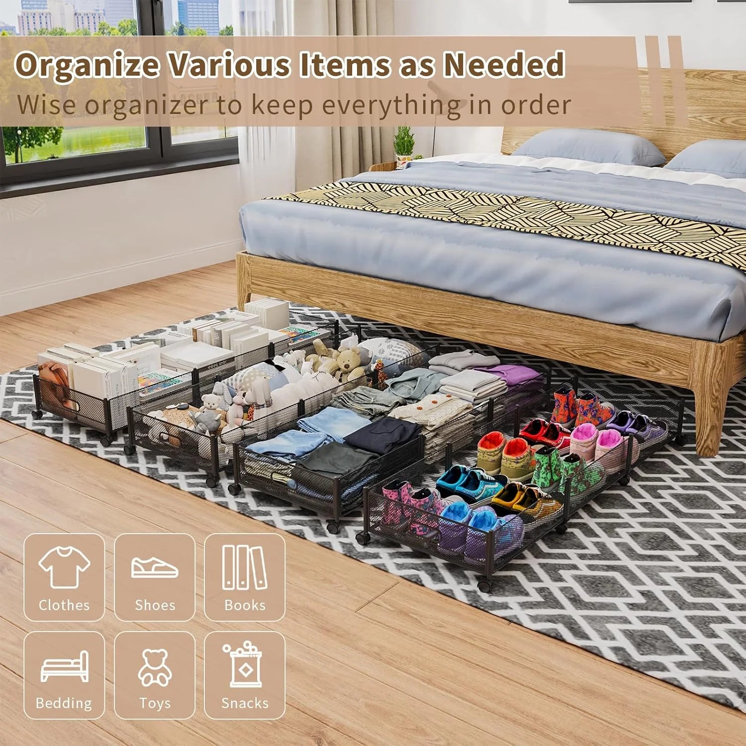 47.2'' Long Under Bed Storage on Wheels 57.6L Large Capacity Rolling Under the Bed Storage Containers Tool-Free Assembly Foldable Underbed Shoes Clothes Toy Drawers – Multiroom Organization Format with Functional, Easy-Use Details
