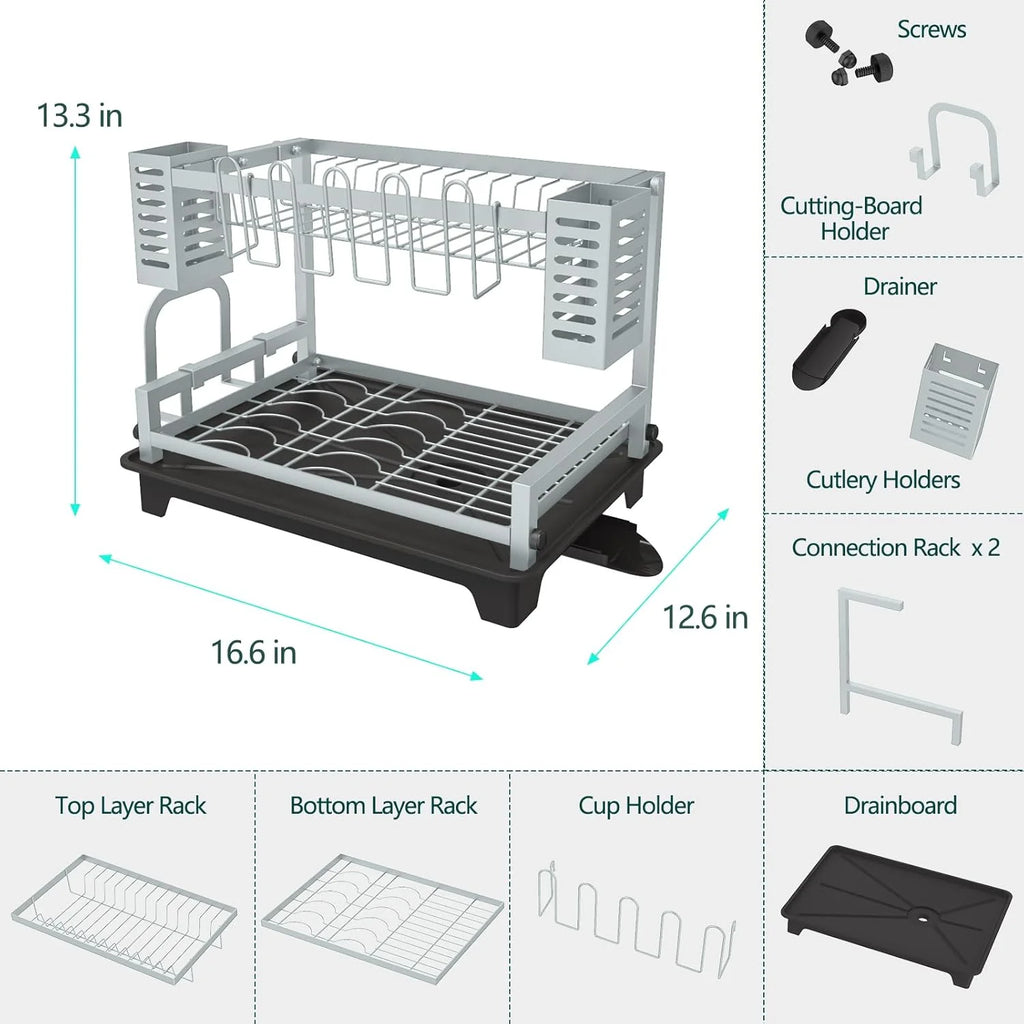 Dish Drying Rack: 2 Tier Dish Racks for Kitchen Counter and Sink - Large Dish Drying Rack with Drainboard & Utensil Holders - Stainless Steel Dish Drainers Kitchen Organization and – Durable Stainless Steel Construction with Functional, Easy-Use Details