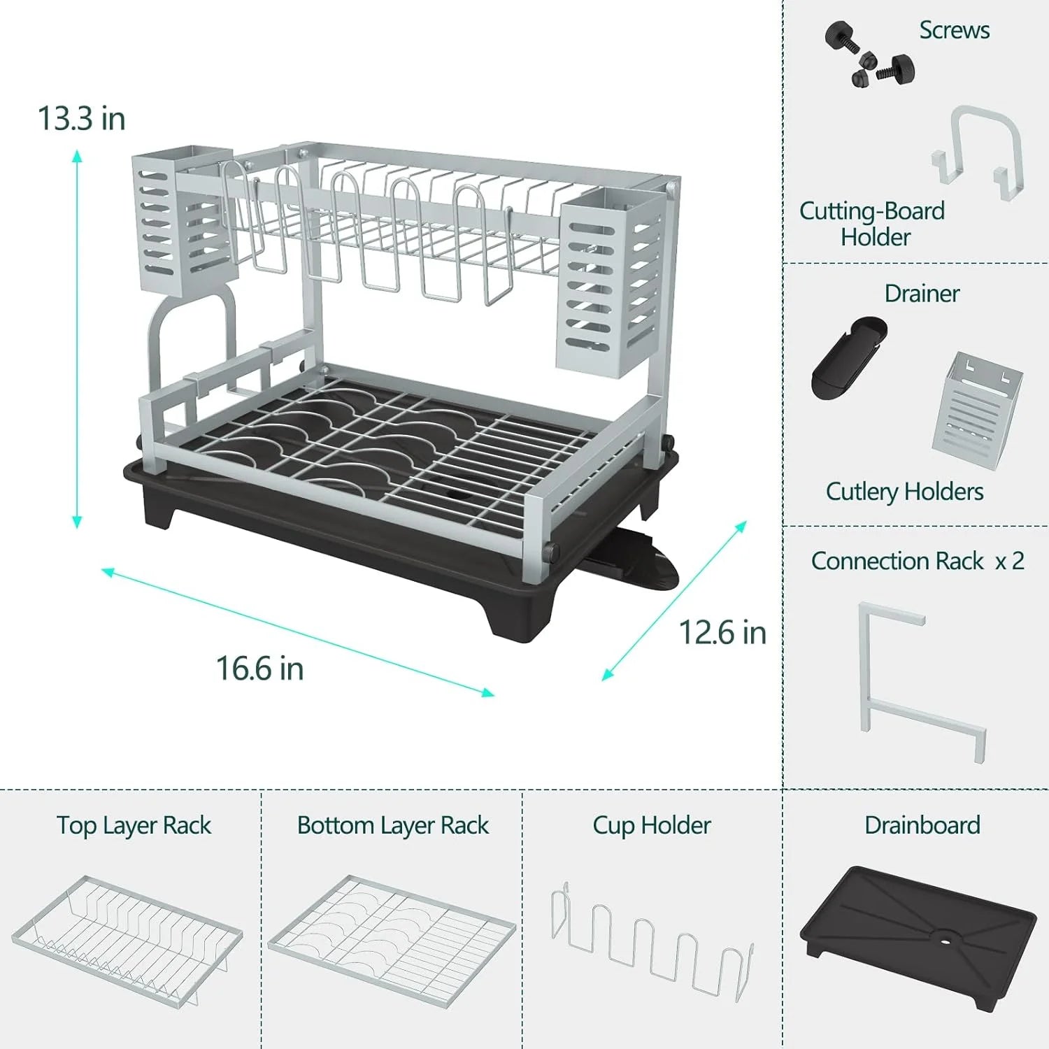 Dish Drying Rack: 2 Tier Dish Racks for Kitchen Counter and Sink - Large Dish Drying Rack with Drainboard & Utensil Holders - Stainless Steel Dish Drainers Kitchen Organization and – Durable Stainless Steel Construction with Functional, Easy-Use Details