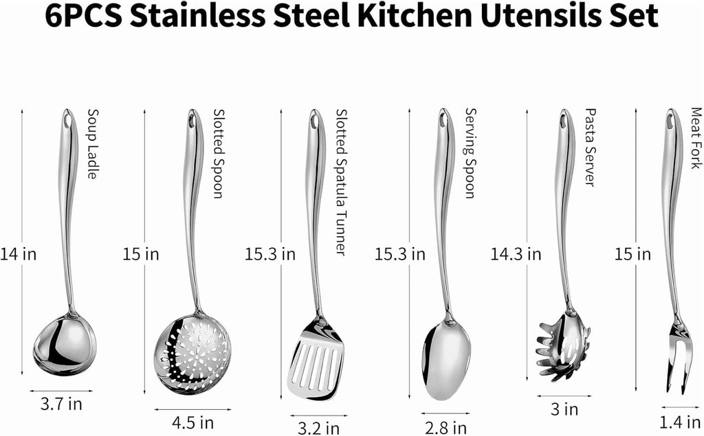 304 Stainless Steel Kitchen Utensils Set 6 Pcs Long Metal Cooking Utensil with Spatula Solid Spoon Ladle Skimmer Spaghetti Spoon Meat Fork Dishwasher Suitable – Durable Stainless Steel Construction with Functional, Easy-Use Details