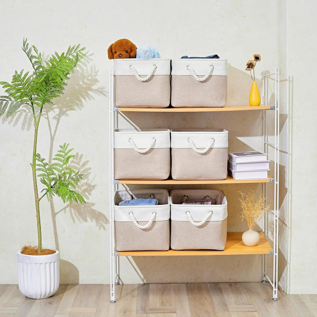 11 x 11 Inch Storage Cubes 6 Pack Large Collapsible Fabric Storage Bin White&Beige – Foldable Space-Saving Design with Functional, Easy-Use Details