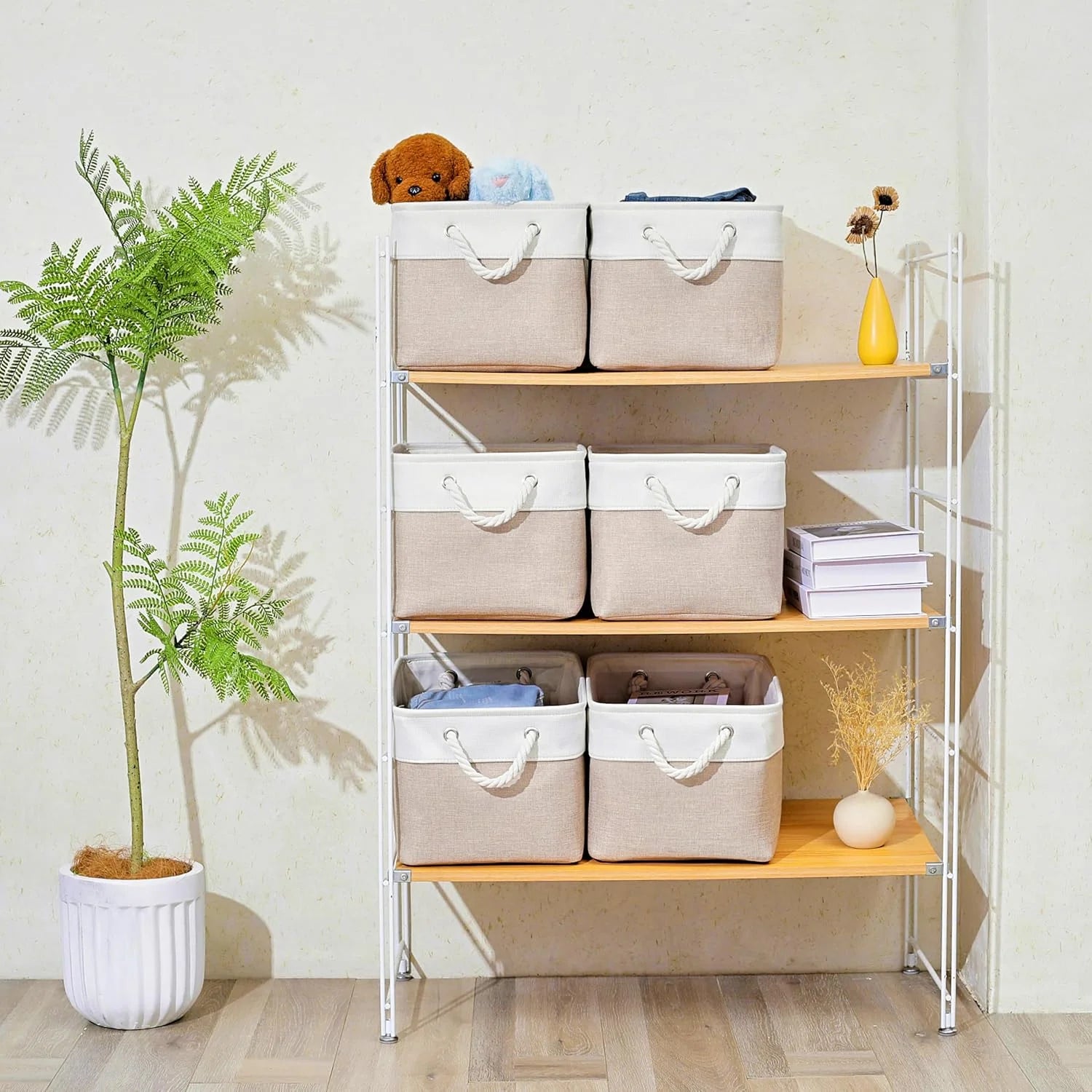11 x 11 Inch Storage Cubes 6 Pack Large Collapsible Fabric Storage Bin White&Beige – Foldable Space-Saving Design with Functional, Easy-Use Details