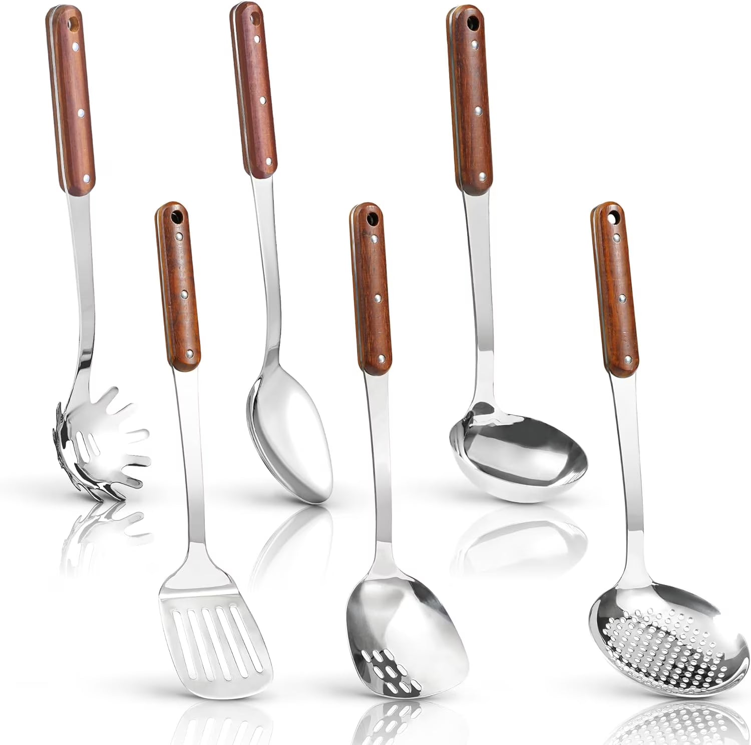 Stainless Steel Cooking Utensils Set Mirror Polished 6 Pieces Kitchen Utensils Set Kitchen Tools Set With Wooden Handle Non-Stick Heat Resistant,Dishwasher Suitable Easy to Clean – Convenient Carry Handles with Functional, Easy-Use Details