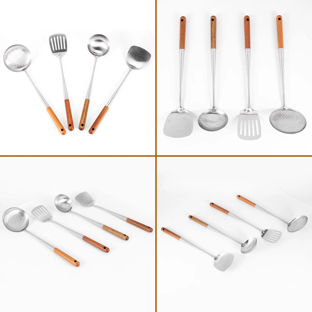 Long Handle Stainless Steel Wok Kitchen Slotted Turner Rice Spoon Ladle Cooking Tools Utensil Set – Convenient Carry Handles with Functional, Easy-Use Details