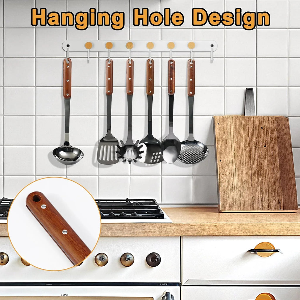Stainless Steel Cooking Utensils Set Mirror Polished 6 Pieces Kitchen Utensils Set Kitchen Tools Set With Wooden Handle Non-Stick Heat Resistant,Dishwasher Suitable Easy to Clean – Convenient Carry Handles with Functional, Easy-Use Details