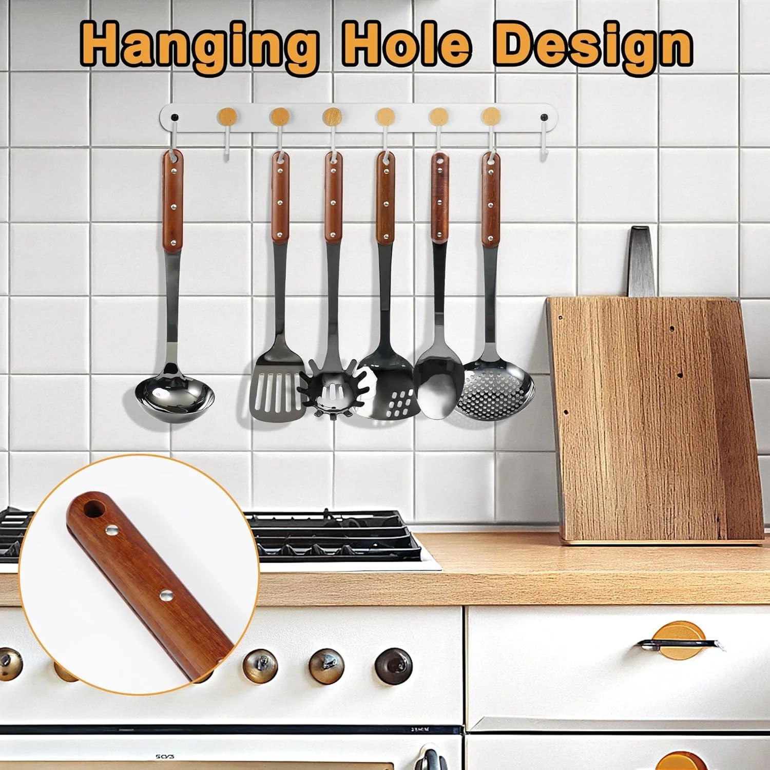 Stainless Steel Cooking Utensils Set Mirror Polished 6 Pieces Kitchen Utensils Set Kitchen Tools Set With Wooden Handle Non-Stick Heat Resistant,Dishwasher Suitable Easy to Clean – Convenient Carry Handles with Functional, Easy-Use Details