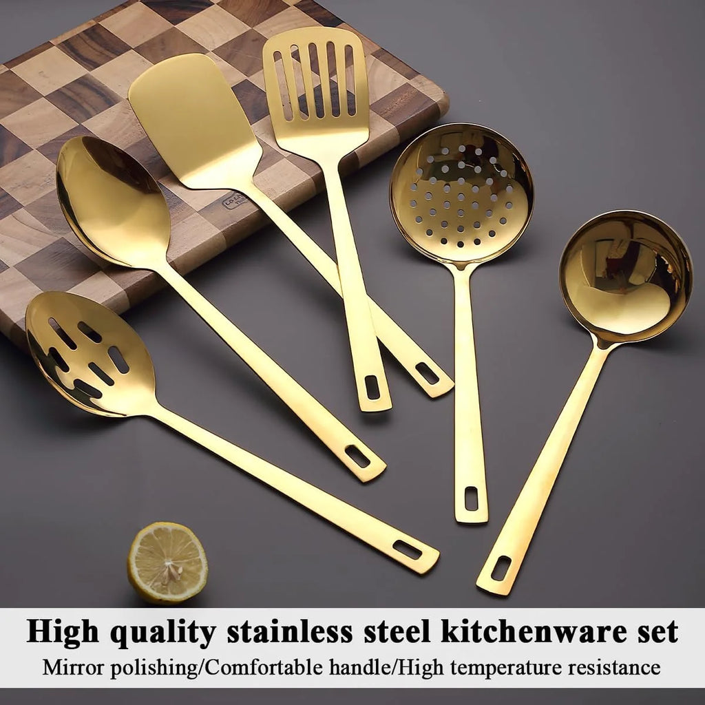 Gold Kitchen Utensils Set 6pcs Titanium Plating Stainless Steel Cooking Utensils Set Heavy Duty Kitchen Tools Spatulas Set Home Essentials Kitchen Gadgets Accessories – Durable Stainless Steel Construction with Functional, Easy-Use Details