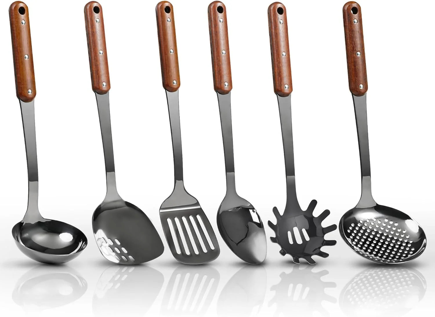 Stainless Steel Cooking Utensils Set Mirror Polished 6 Pieces Kitchen Utensils Set Kitchen Tools Set With Wooden Handle Non-Stick Heat Resistant,Dishwasher Suitable Easy to Clean – Convenient Carry Handles with Functional, Easy-Use Details