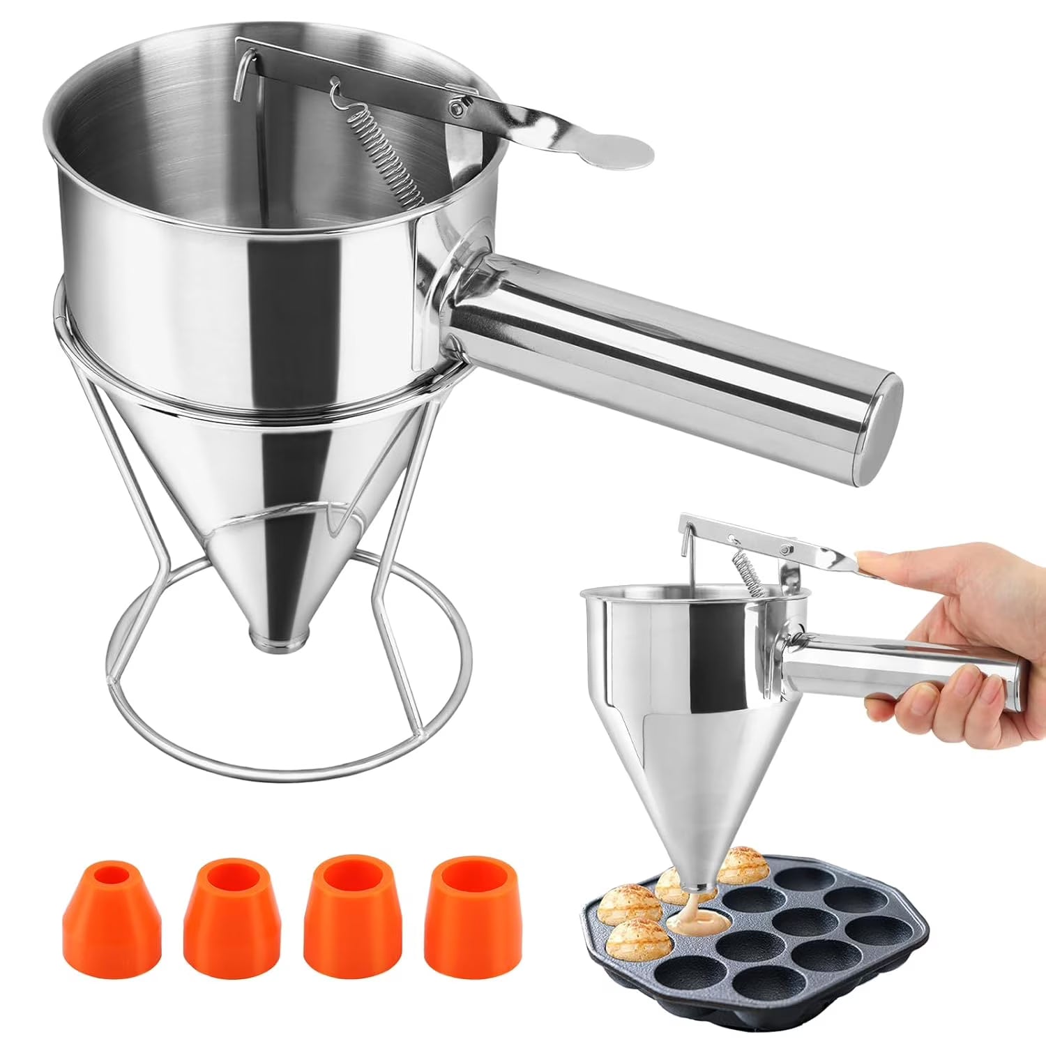 Stainless Steel Pancake Batter Dispenser with Squeeze Handle Kitchen Funnel Tools Pancake Dispenser for Pancakes Cupcakes Takoyaki and Baked Goods – Convenient Carry Handles with Functional, Easy-Use Details