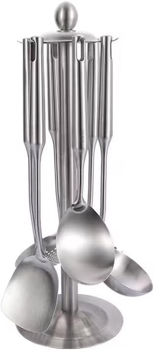 Well-crafted 7-Piece Gold Kitchen Utensil Set with Stand Stainless Steel Cooking Tools- Dishwasher Suitable Ladle Spoon Spatula Pasta Fork Luxury Brass Kitchen Accessories for Home – Durable Stainless Steel Construction with Functional, Easy-Use Details